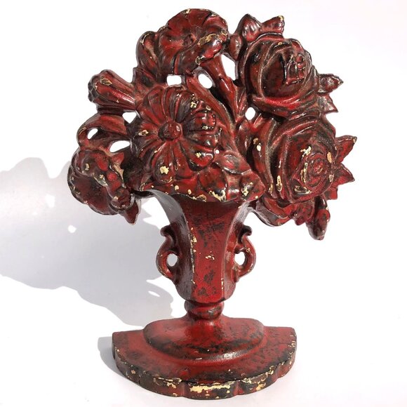 Cast Iron Door Stop Flower Urn Vase Vintage Hubley #162 Florals Bookend painted - Picture 3 of 13